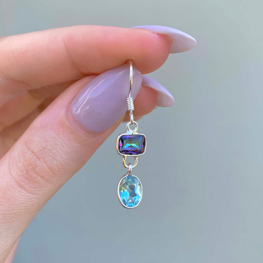 dainty mystic topaz earrings - sterling silver earrings with mystic quartz and blue topaz gemstones - women's earrings by online jewellery brand indie and harper
