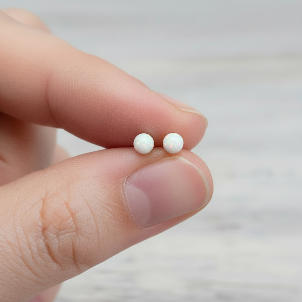 Opal stud earrings held between fingers against a neutral background
