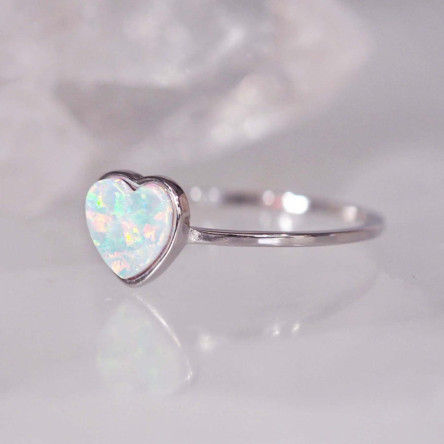 dainty opal heart ring - dainty heart shaped white synthetic opal and sterling silver ring - find the perfect promise ring with online jewellery brand indie and harper
