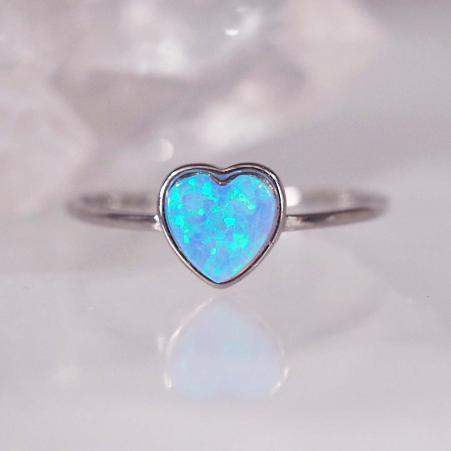 dainty opal heart ring - women's opal jewellery - sterling silver ring with blue opal is the perfect promise ring by indie and harper