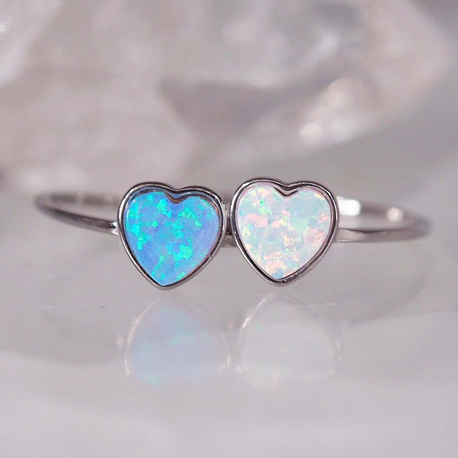 dainty opal heart ring - sterling silver ring with blue and white synthetic opal hearts - find the perfect promise ring with online jewellery brand indie and harper