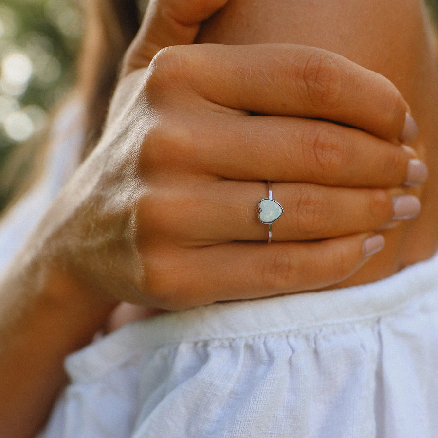 dainty sterling silver ring with heart shaped synthetic opal- women's bohemian jewellery - australian owned jewellery brand
