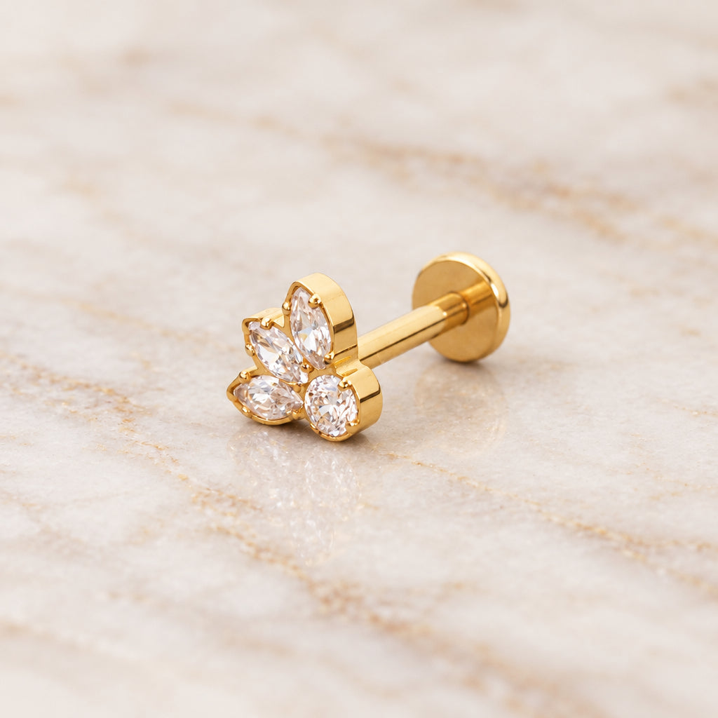 Gold petal helix flat back stud, close-up