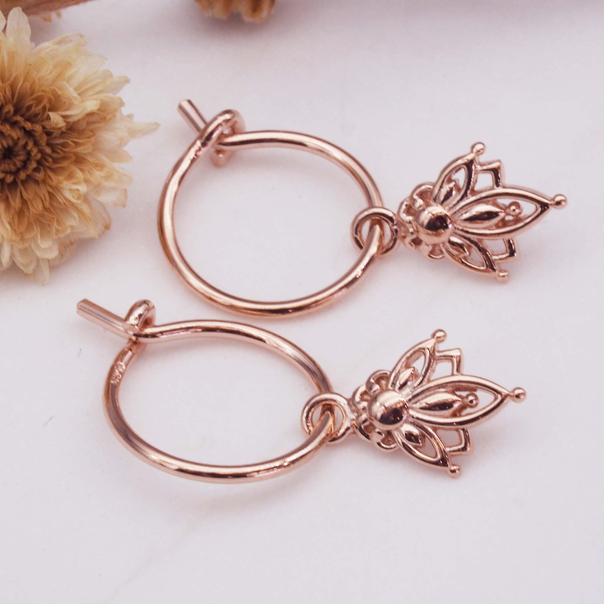 Dainty Rose Gold Lotus Hoop Earrings - women's jewellery by indie and harper