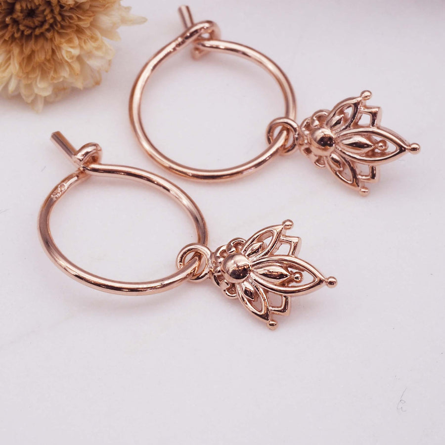 Dainty Rose Gold Earrings with lotus flowers - women's rose gold jewellery