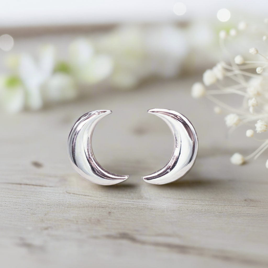 Dainty Sterling silver crescent moon shape stud earrings by indie and Harper Australia 