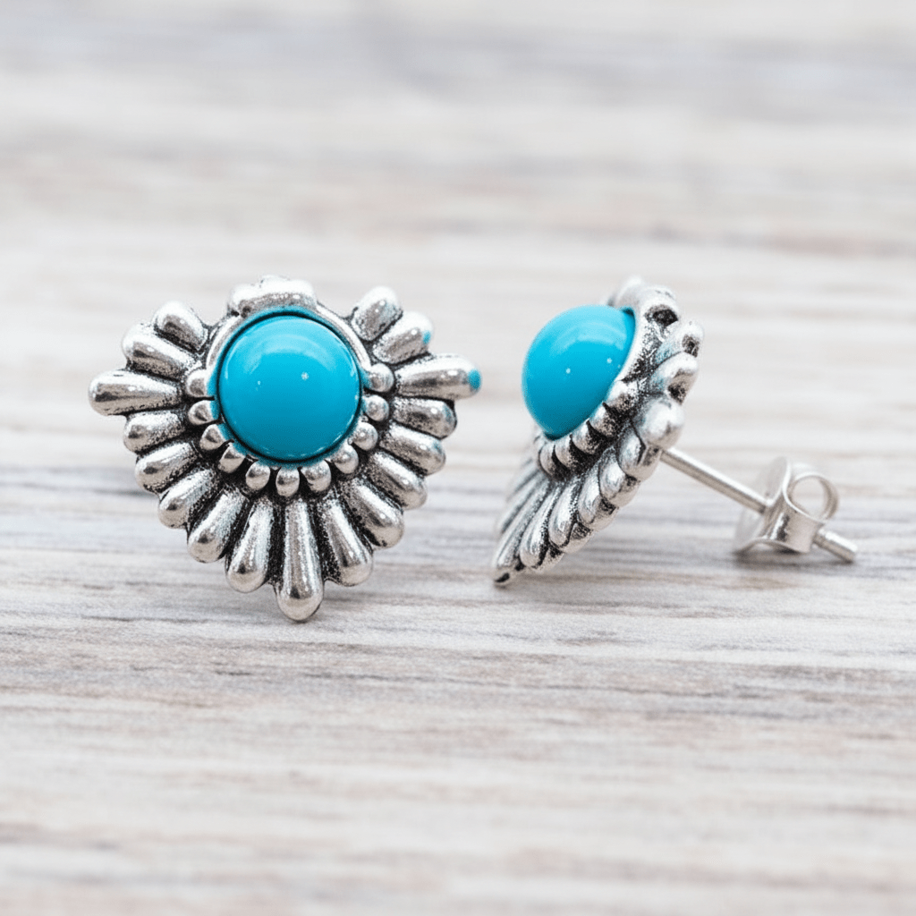 Silver earrings with turquoise stones on a wooden surface