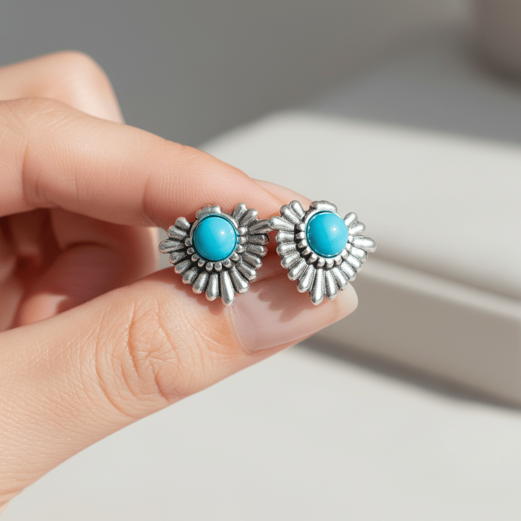Turquoise stone earrings held between fingers against a neutral background