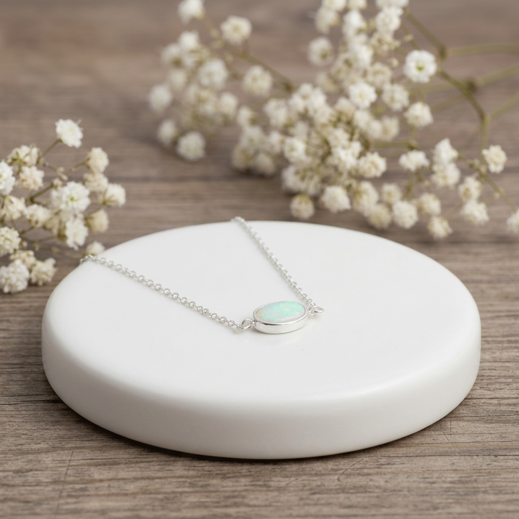 Sterling silver opal bracelet on a white stone with small white flowers