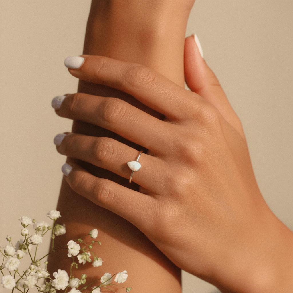 Hand wearing a silver ring with a white opal stone