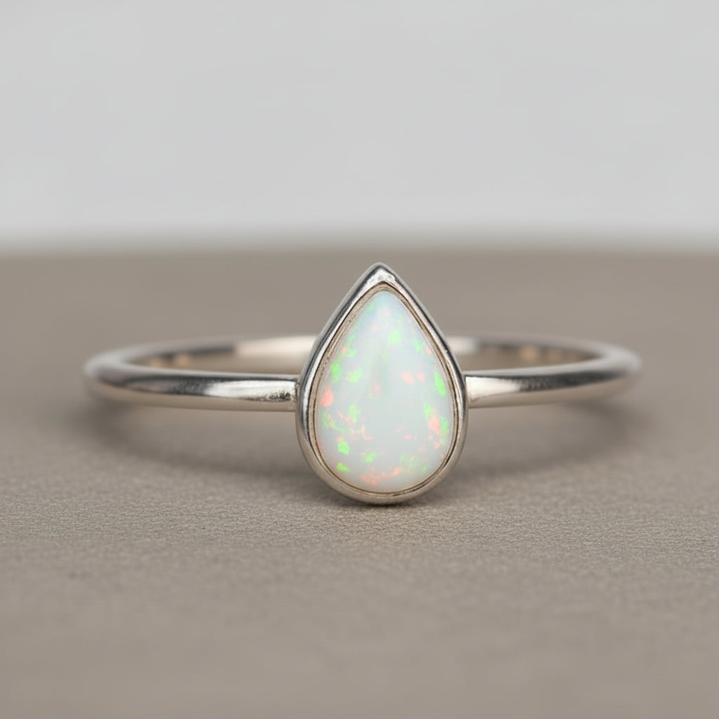 Silver ring with a teardrop-shaped opal stone on a textured surface.