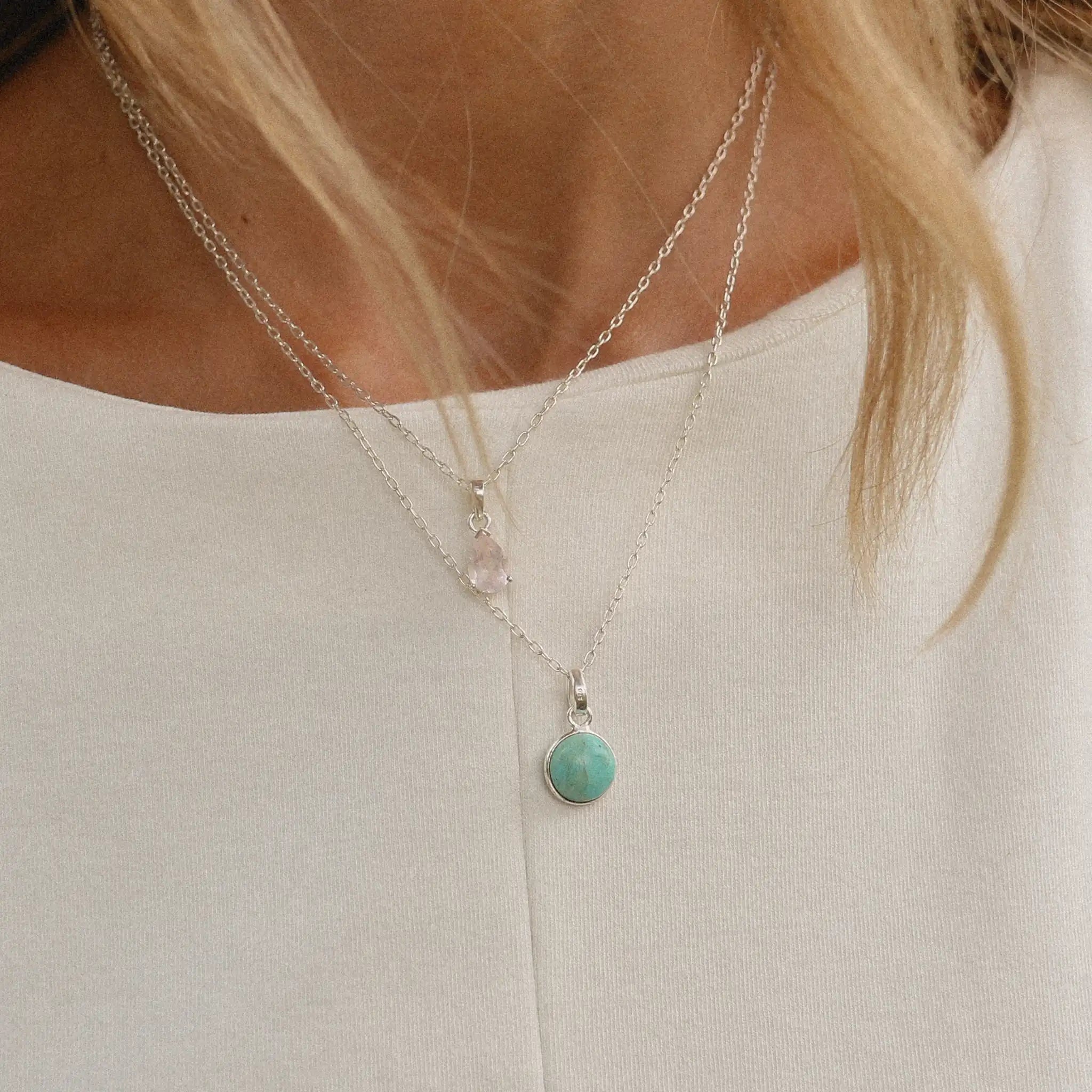 woman wearing sterling silver turquoise necklace - turquoise jewellery by indie and harper