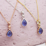 indie and harper december birthstone tanzanite necklaces in rose gold, silver and gold