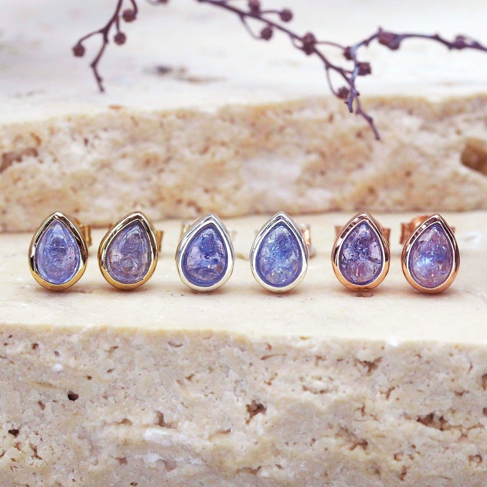 december birthstone tanzanite earrings in gold, silver and rose gold by indie and harper 