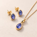 Gold December Birthstone Tanzanite Jewellery set with pear-shaped stud earrings and matching  necklace