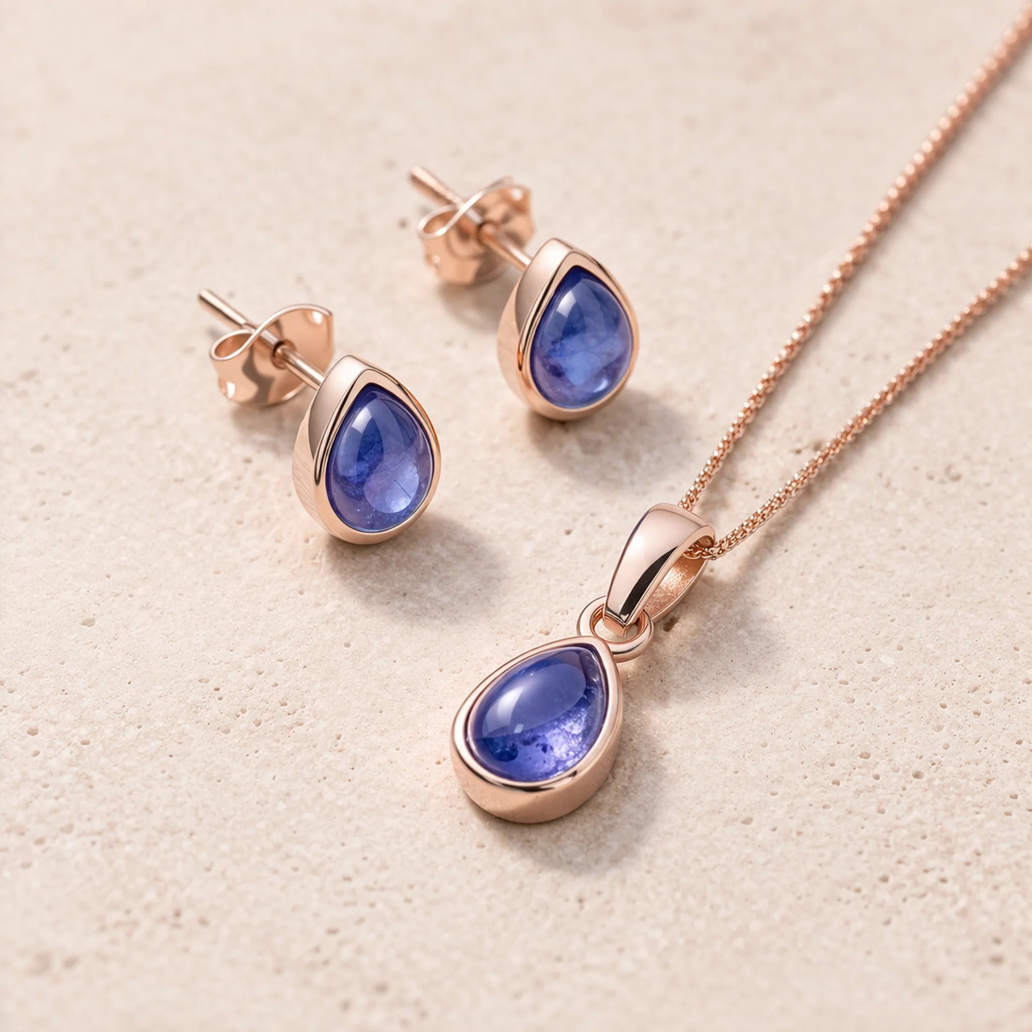 Rose Gold December Birthstone Tanzanite Jewellery set with pear-shaped stud earrings and matching  necklace