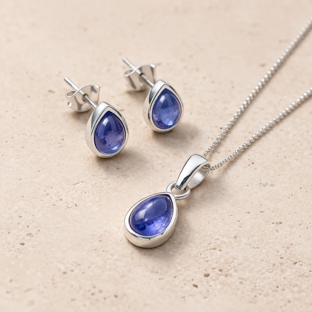 Sterling Silver December Birthstone Tanzanite Jewellery set with pear-shaped stud earrings and matching  necklace