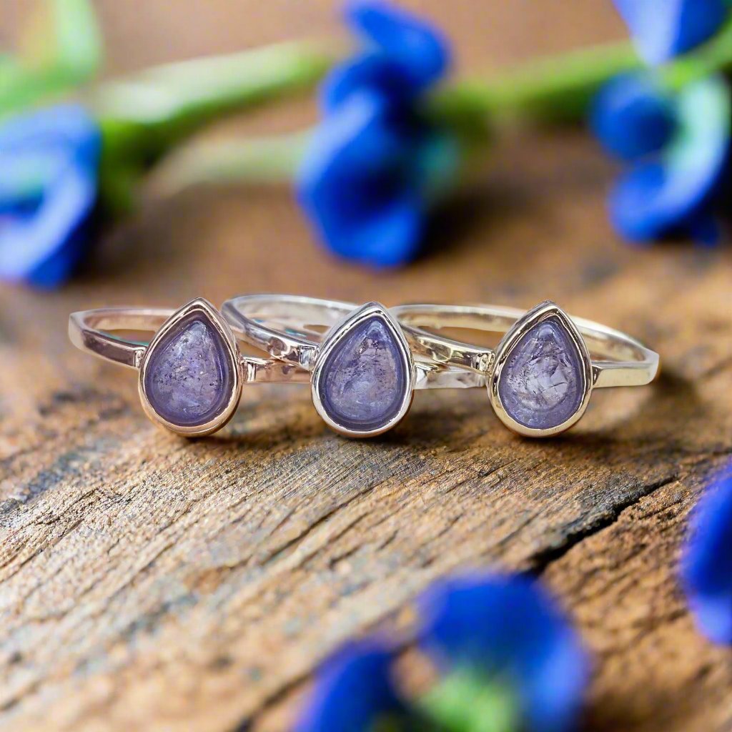 december birthstone tanzanite rings in rose gold, silver and gold by indie and harper