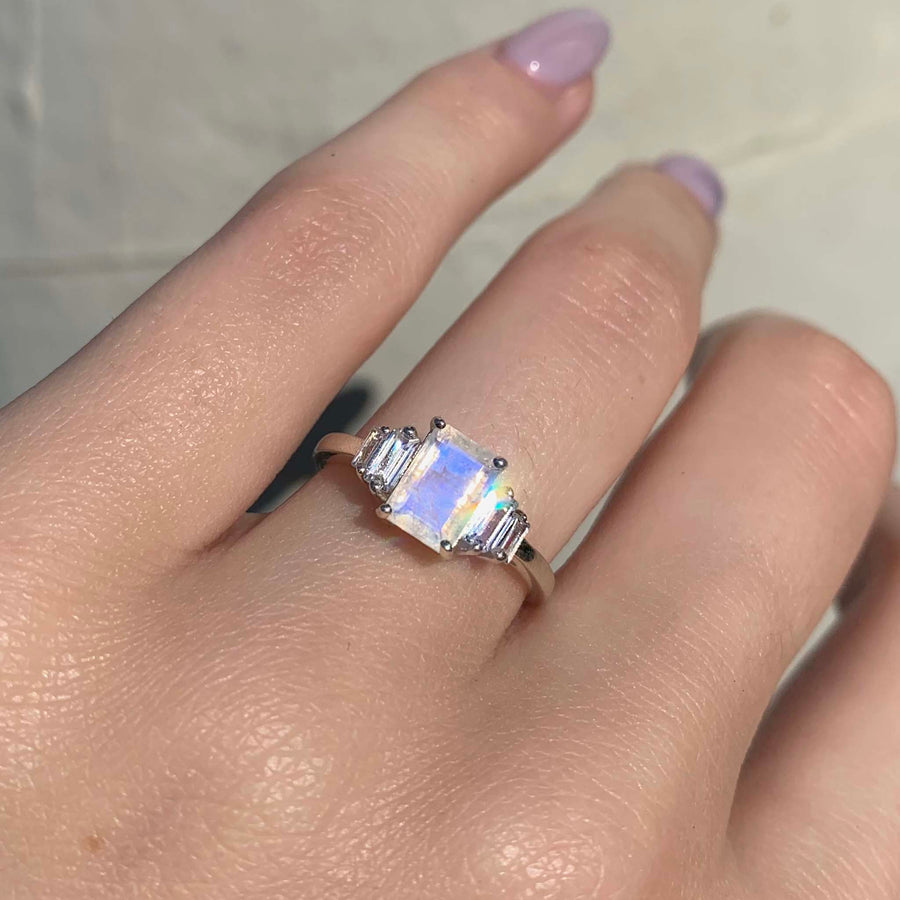 deco moonstone ring - women's sterling silver ring with natural moonstone and white topaz gemstones by indie and harper