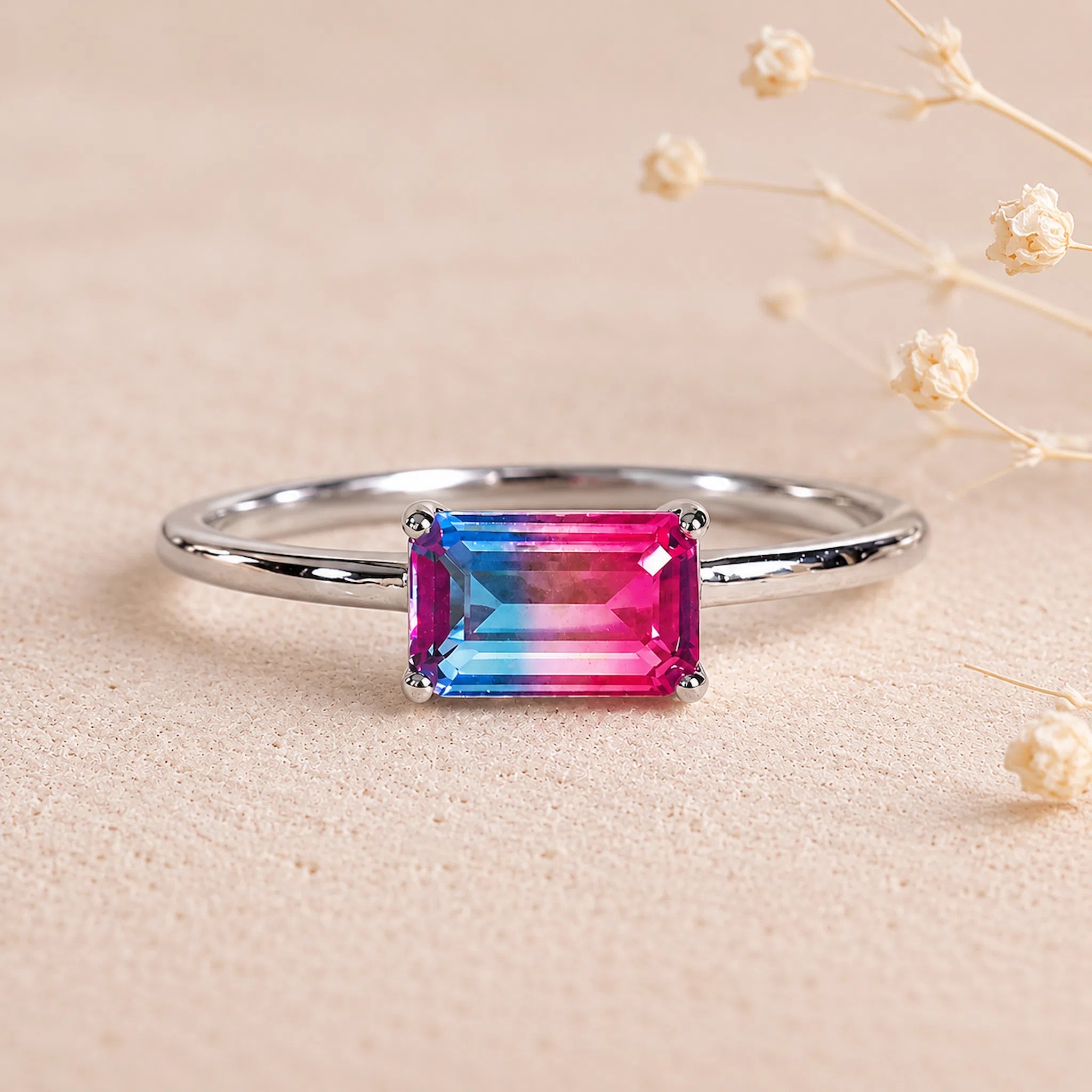 Cotton Candy Tourmaline Ring with emerald cut pink blue gemstone in a four-prong 925 sterling silver setting