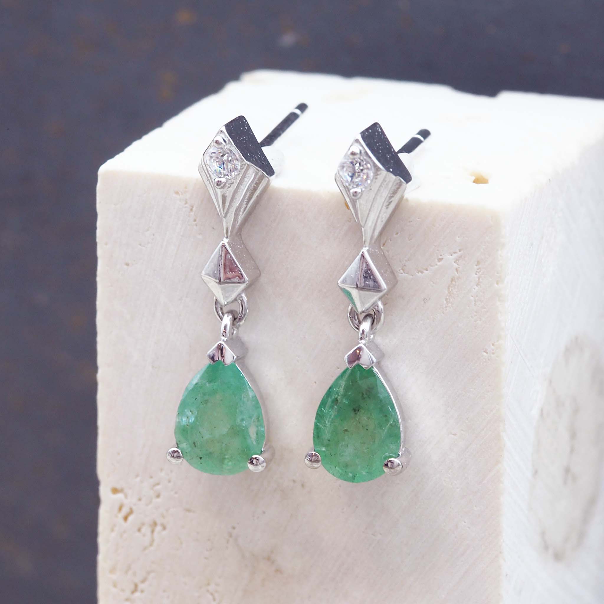 Deco inspired earrings made with emeralds and cubic zirconia - Dainty earrings online by indie and harper