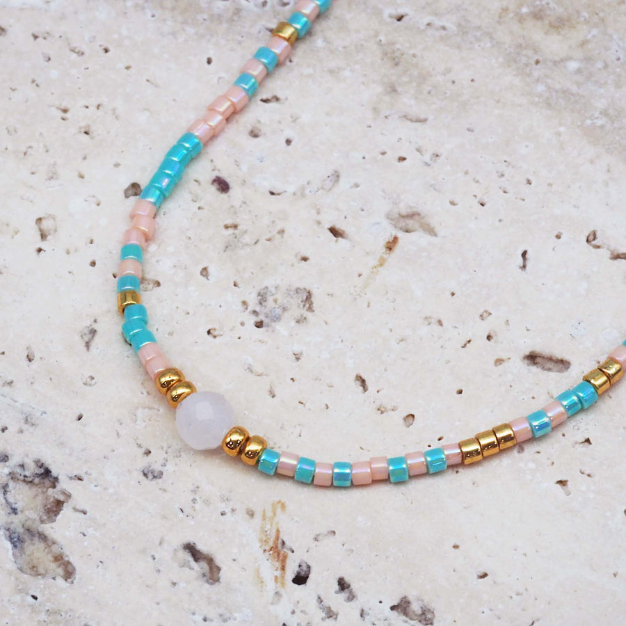 Light pink and blue beaded Necklace - womens beaded jewellery by indie and harper