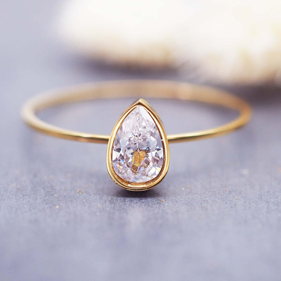 Dainty gold Ring with tear drop cubic zirconia - womens gold waterproof jewellery by Australian jewellery brand