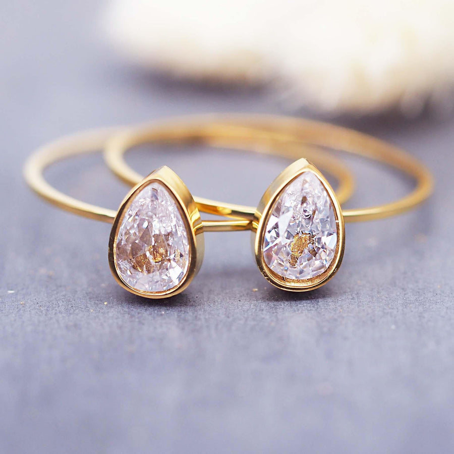 Dainty gold Rings with tear drop cubic zirconia - womens gold waterproof jewellery by Australian jewellery brand indie and harper