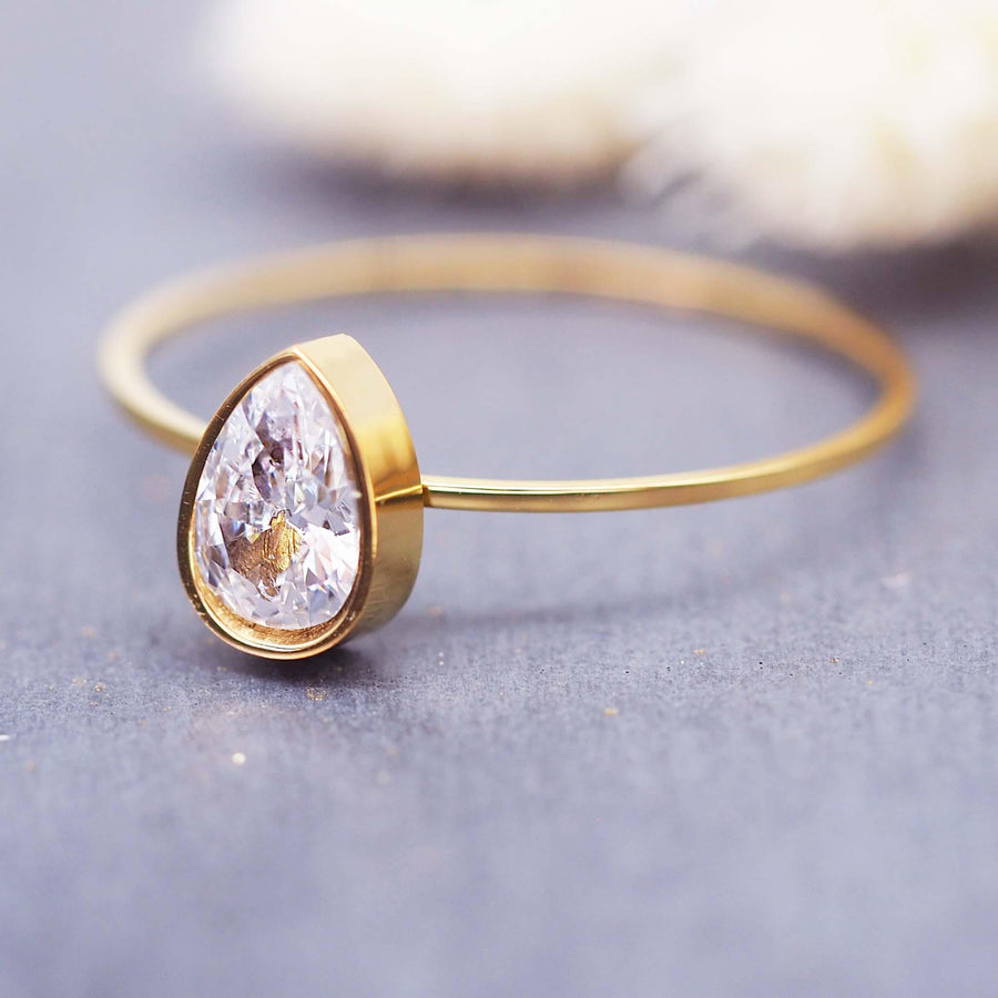 Dainty gold Ring with tear drop cubic zirconia - womens gold waterproof jewellery by Australian jewellery brand 
