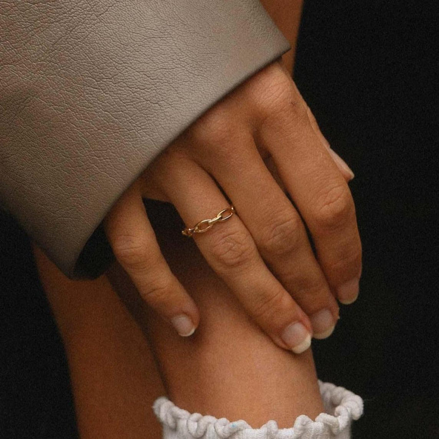 Woman’s hand wearing Gold Link Ring - womens waterproof jewellery - Australian jewellery brand online
