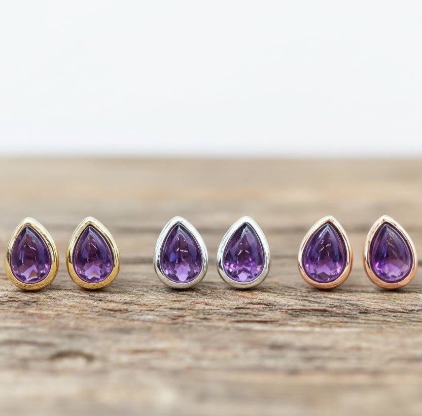 February Birthstone Amethyst earrings in rose gold, silver and gold - by australian jewellery brands online indie and Harper