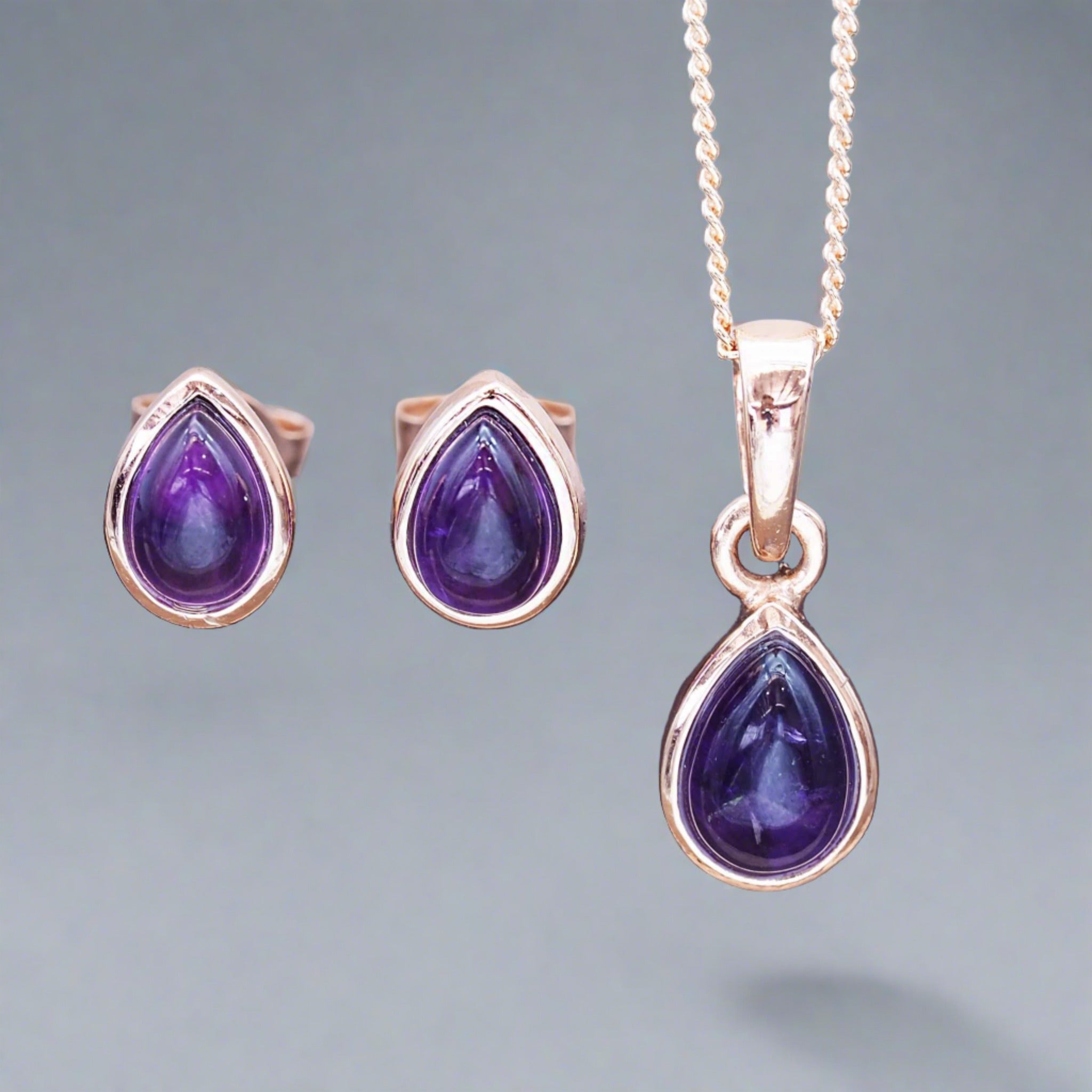 Rose Gold February Birthstone amethyst earrings and amethyst necklace - indie and Harper Australia
