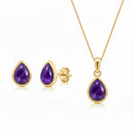 Gold February Birthstone Jewellery set featuring a pair of teardrop stud natural amethyst earrings and matching natural amethyst pendant necklace on a white background