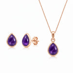 Rose Gold February Birthstone Jewellery set featuring a pair of teardrop stud natural amethyst earrings and matching natural amethyst pendant necklace on a white background