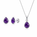 Sterling Silver February Birthstone Jewellery set featuring a pair of teardrop stud natural amethyst earrings and matching natural amethyst pendant necklace on a white background
