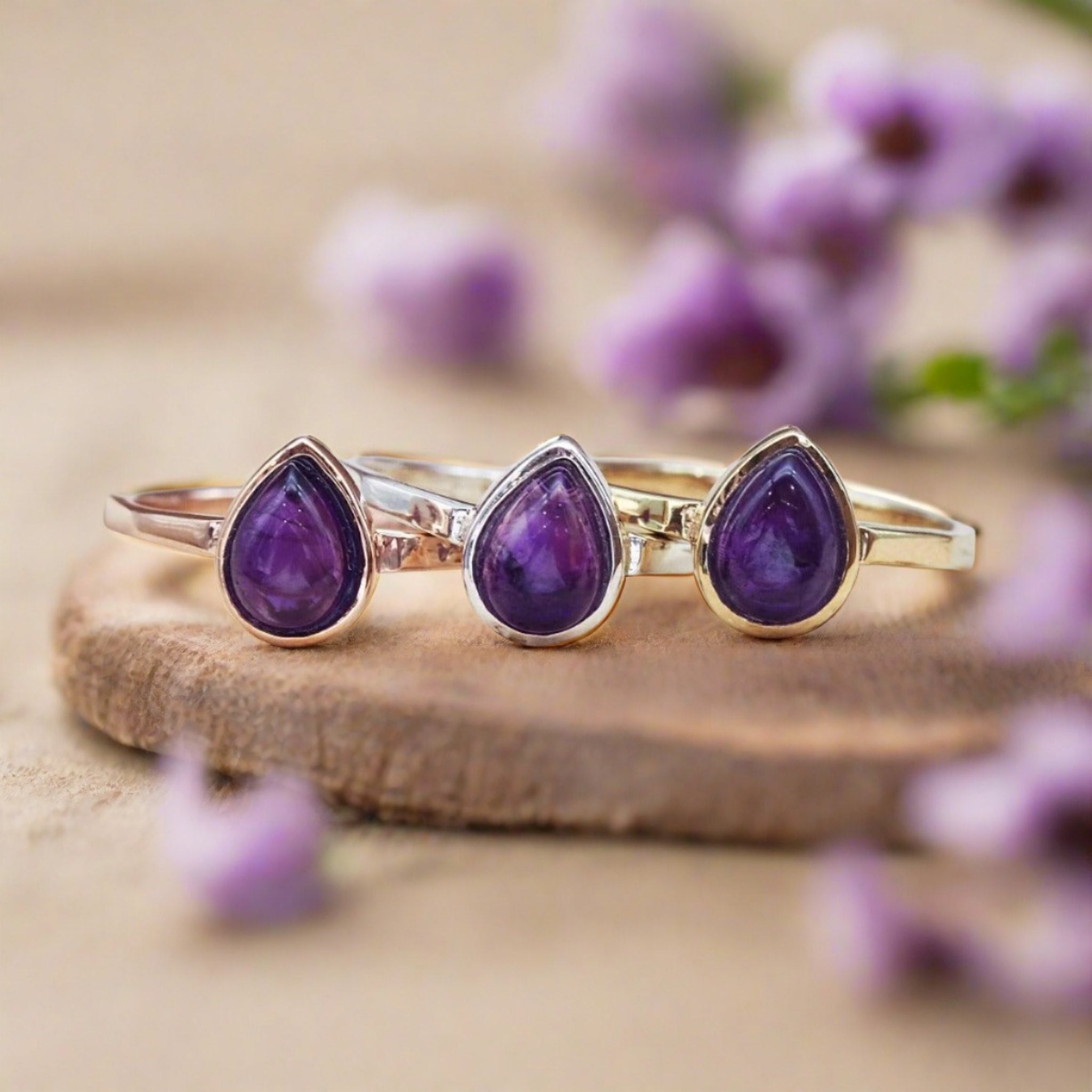 February Birthstone Aemthyst rings in rose gold, silver and gold - indie and harper australia
