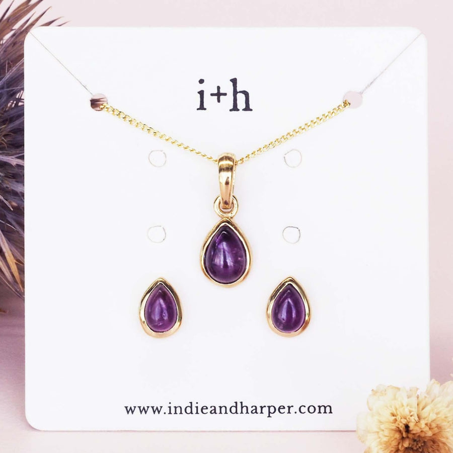 February Birthstone Jewellery - gold amethyst necklace and earrings