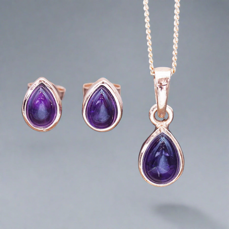 February Birthstone jewellery - rose gold amethyst earrings and necklace 
