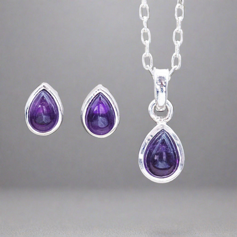 February Birthstone jewellery - sterling silver amethyst earrings and necklace