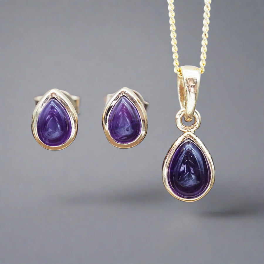 February Birthstone jewellery - gold amethyst necklace and earrings