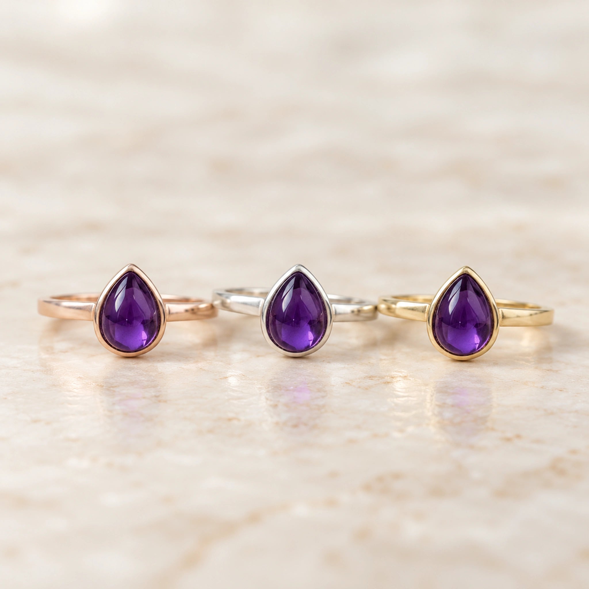 February natural amethyst birthstone rings in rose gold, sterling silver and gold