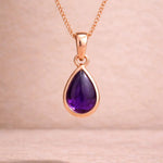 Rose Gold February Birthstone necklace with a pear-shaped purple natural amethyst gemstone pendant - Birthday Jewellery Gift