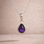 Sterling Silver February Birthstone necklace with a pear-shaped purple natural amethyst gemstone pendant - Birthday Jewellery Gift