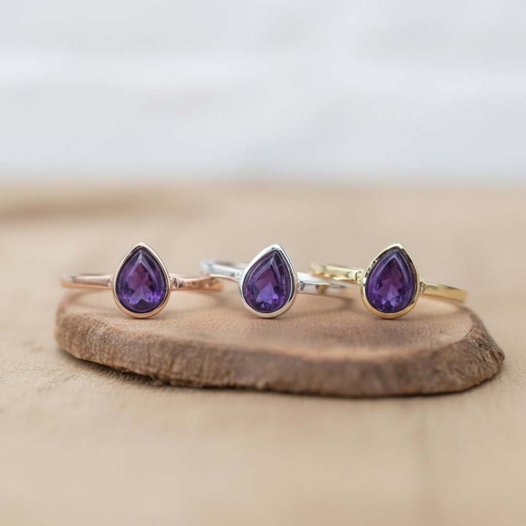 February birthstone rings with pear-shaped natural amethyst gemstone as a meaningful birthstone jewellery gifts