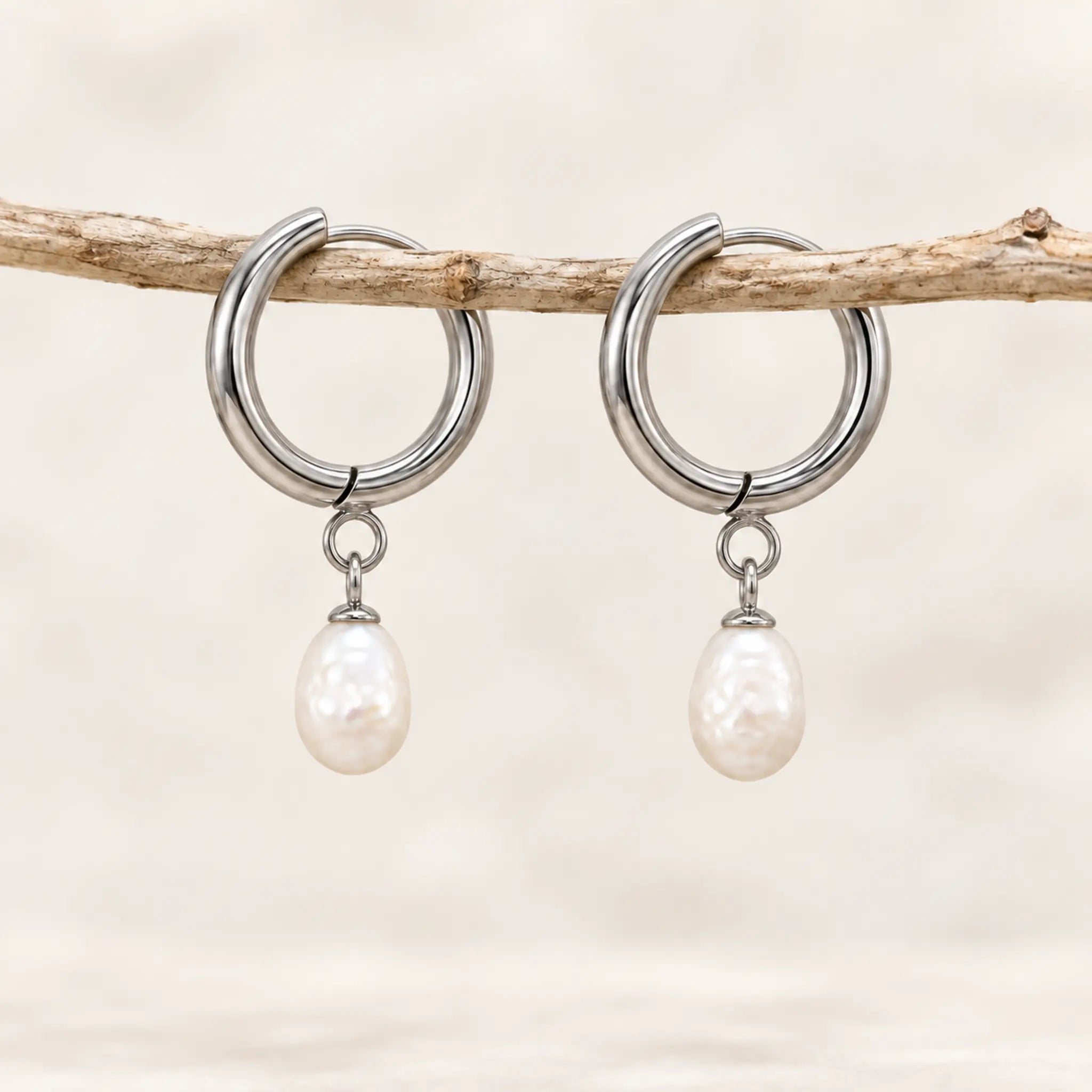 Freshwater pearl hoop earrings in silver PVD-plated stainless steel, pair hanging from a slender wooden branch