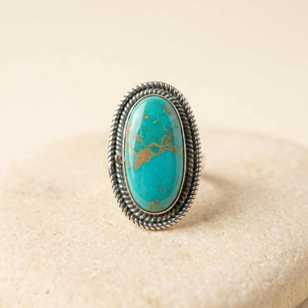 Front view of the Mohave Turquoise Ring, oval blue stone with gold veining and rope border, on a cream stone