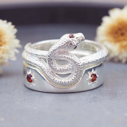 Garnet Serpent Sterling silver Rings - womens boho jewellery by Australian jewellery brands indie and Harper