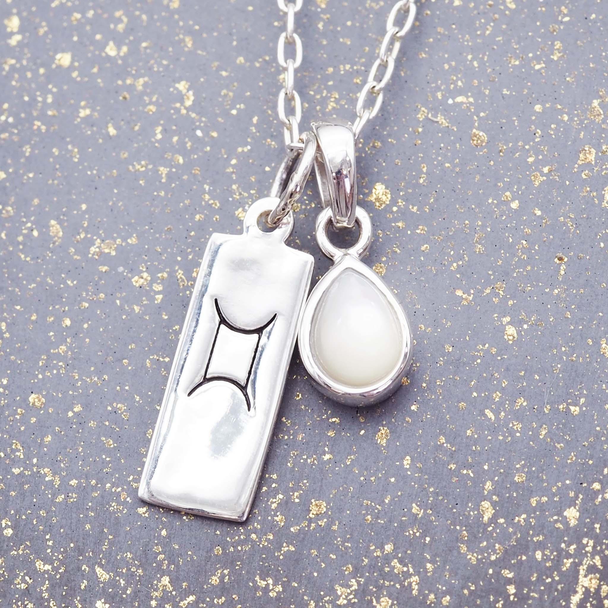 silver Gemini and June Birthstone pearl necklace by indie and harper australia