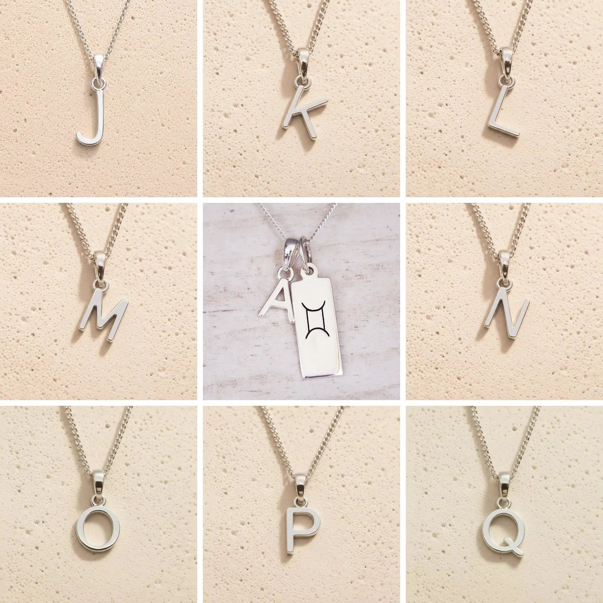 Collection of sterling silver letter pendants j to q on a beige background as personalised initial options for Gemini Zodiac Necklace.