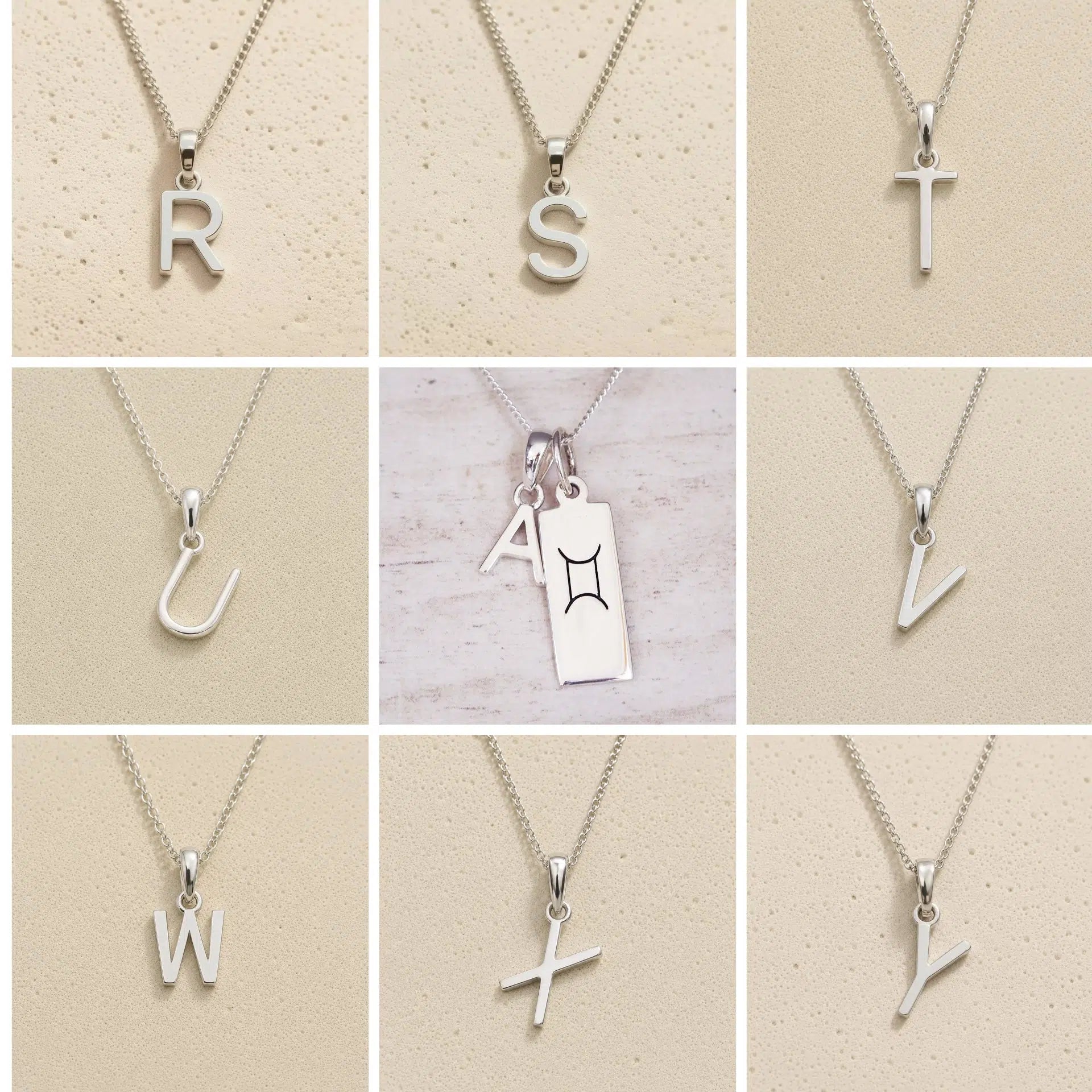 Collection of sterling silver letter pendants r to y on a beige background as personalised initial options for Gemini Zodiac Necklace.